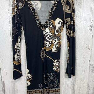 Halebob black Floral dress V-Neck Jewels 100% silk Bell Sleeve XS Silky